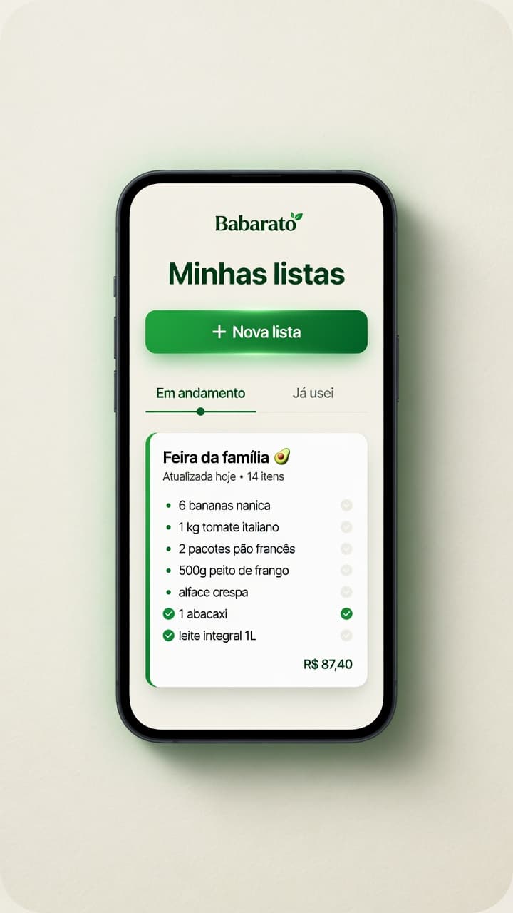 App Babarato com Minhas listas e Feira da família